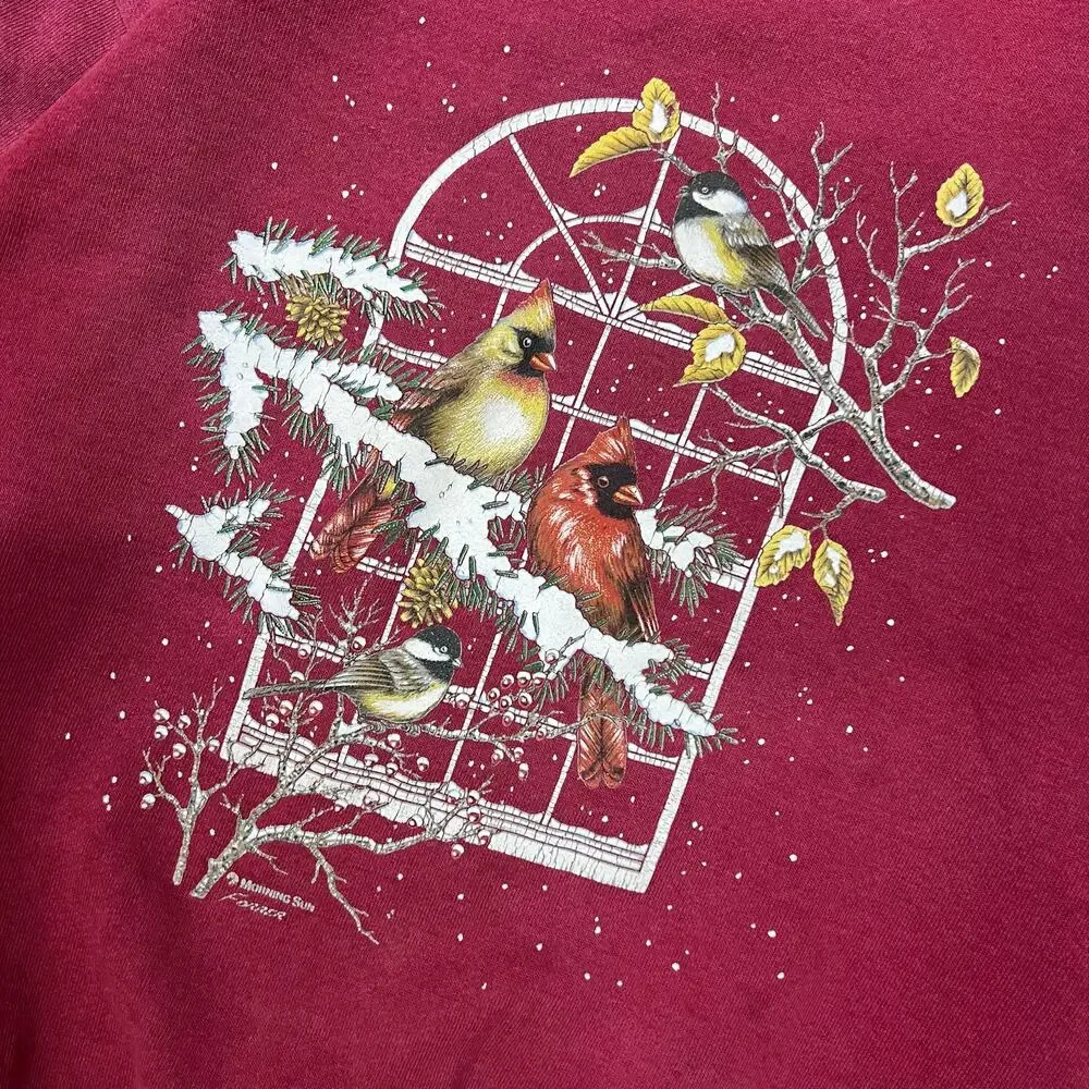 Vintage Winter Chickadee Bird Grannycore Double Collar Crewneck Sweatshirt M Red - Picture 3 of 14